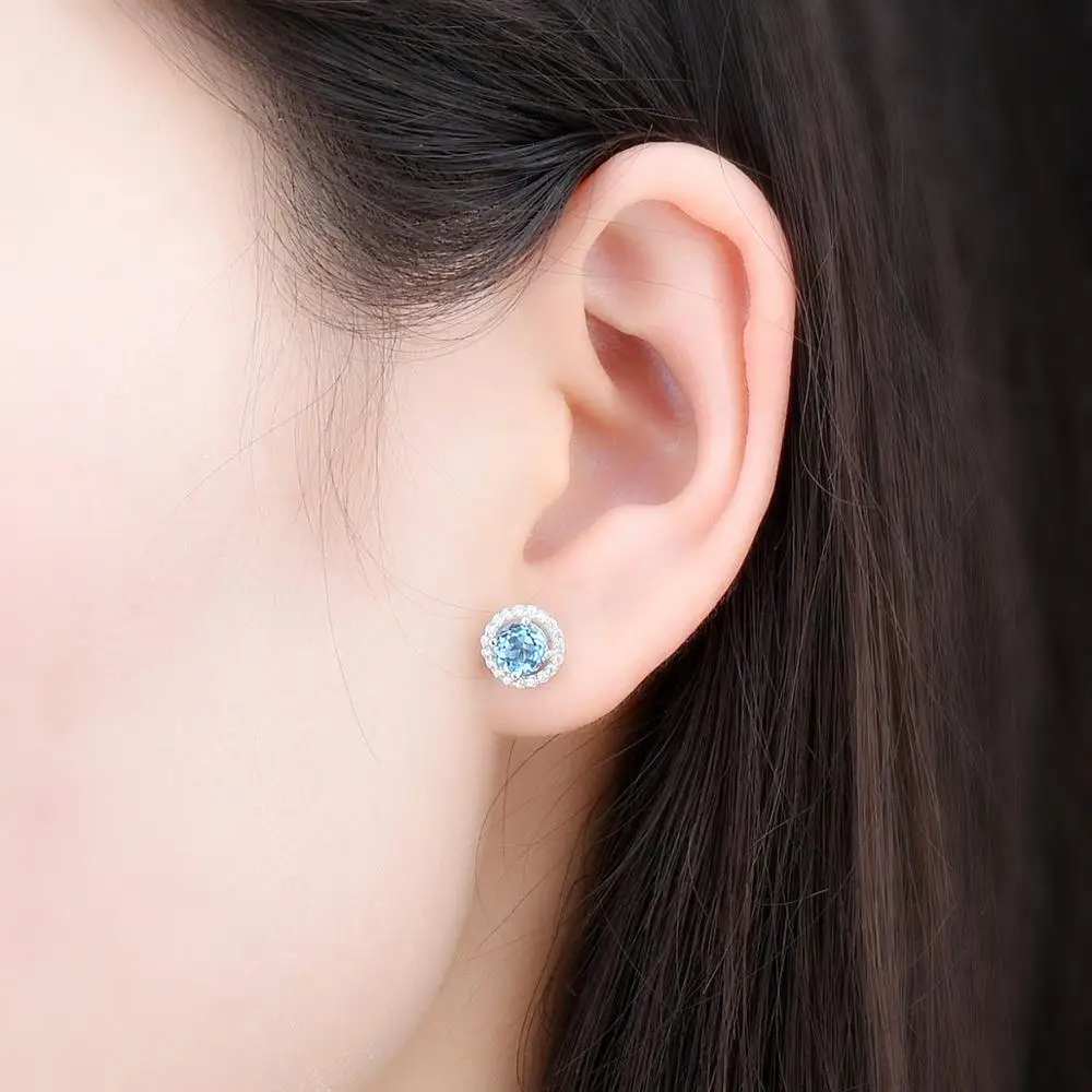 Hutang Round cut 5.0mm Blue Topaz 925 Sterling Silver Stud Earrings Natural Gemstone Fine Elegant Women Jewelry for Gift
