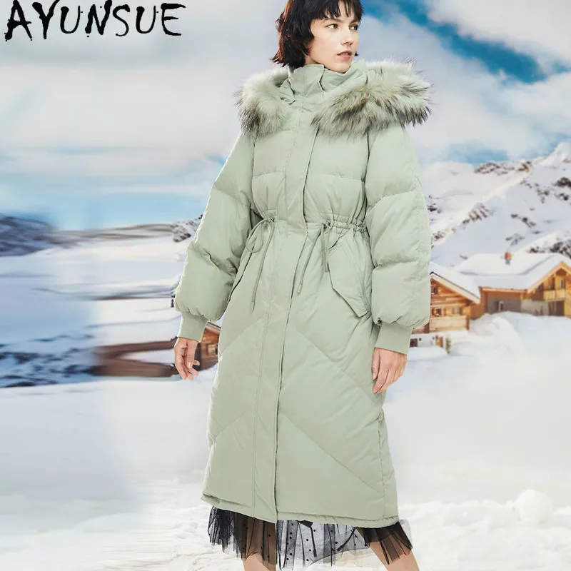 

AYUNSUE Women's Winter Jacket Real Fur Collar Hooded Parka Woman White Duck Down Jackets Female Long Puffer Coat Ropa Mujer