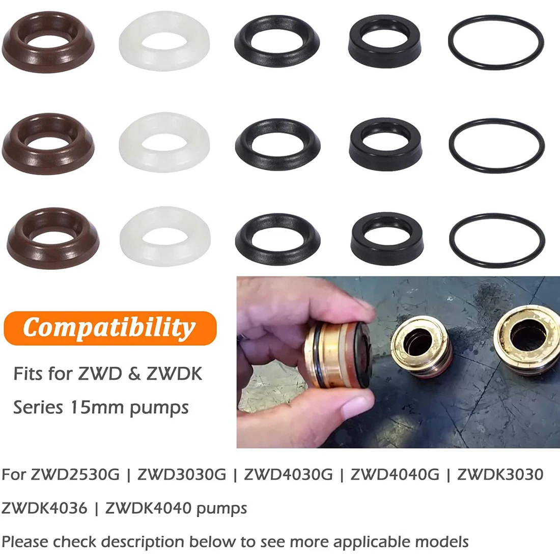 ESUYA Packing Kit Water Seal Repair Kit 5019006400 Suitable for ZWD ZWDK Series 15MM Pressure Washer Pump-15 Pcs