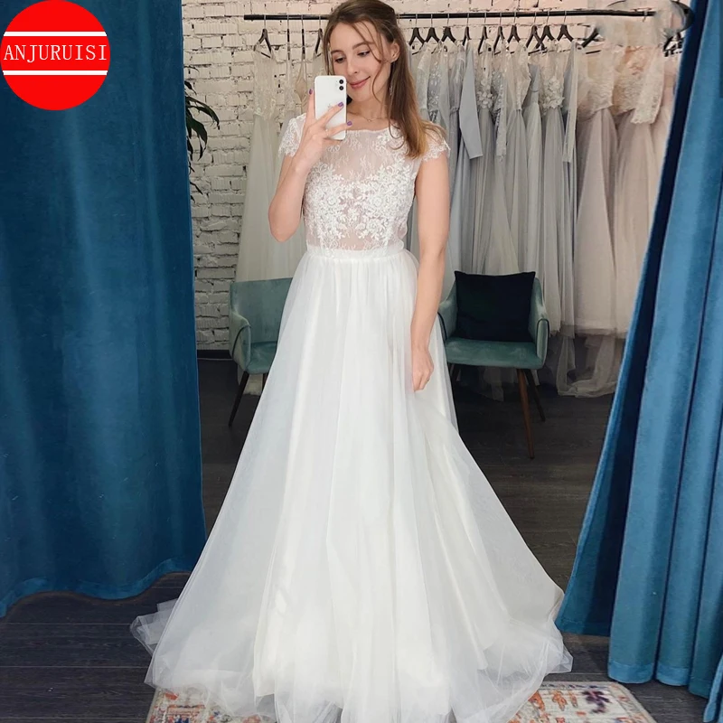 

Cap Sleeves Boho Wedding Dress A Line Tulle Vestido De Novia 2022 Lace Appliques Sexy Women Bride Gown Robe Mariage Trouwjurk