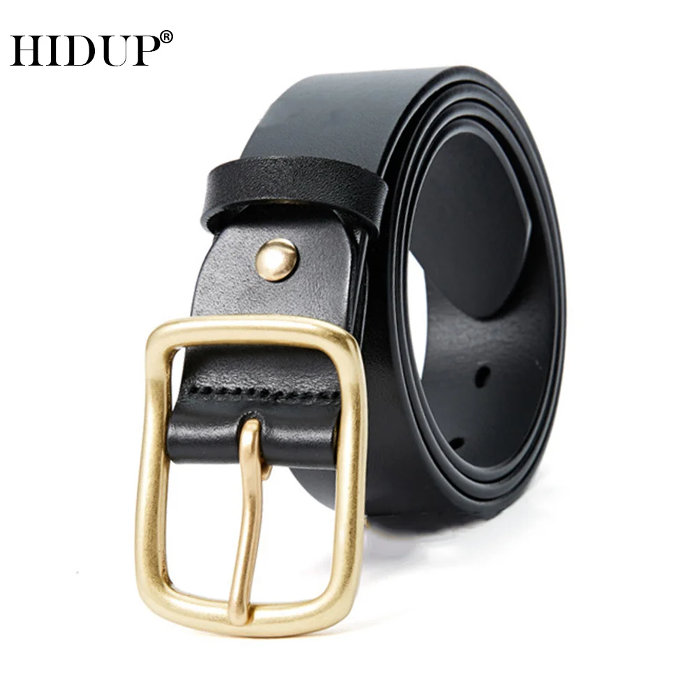 HIDUP Solid Brass Buckle Handmake 100% Solid Cowhide Belts All-match Retro Style Cow Skin Leather Belt Jeans Accessories NWJ1114