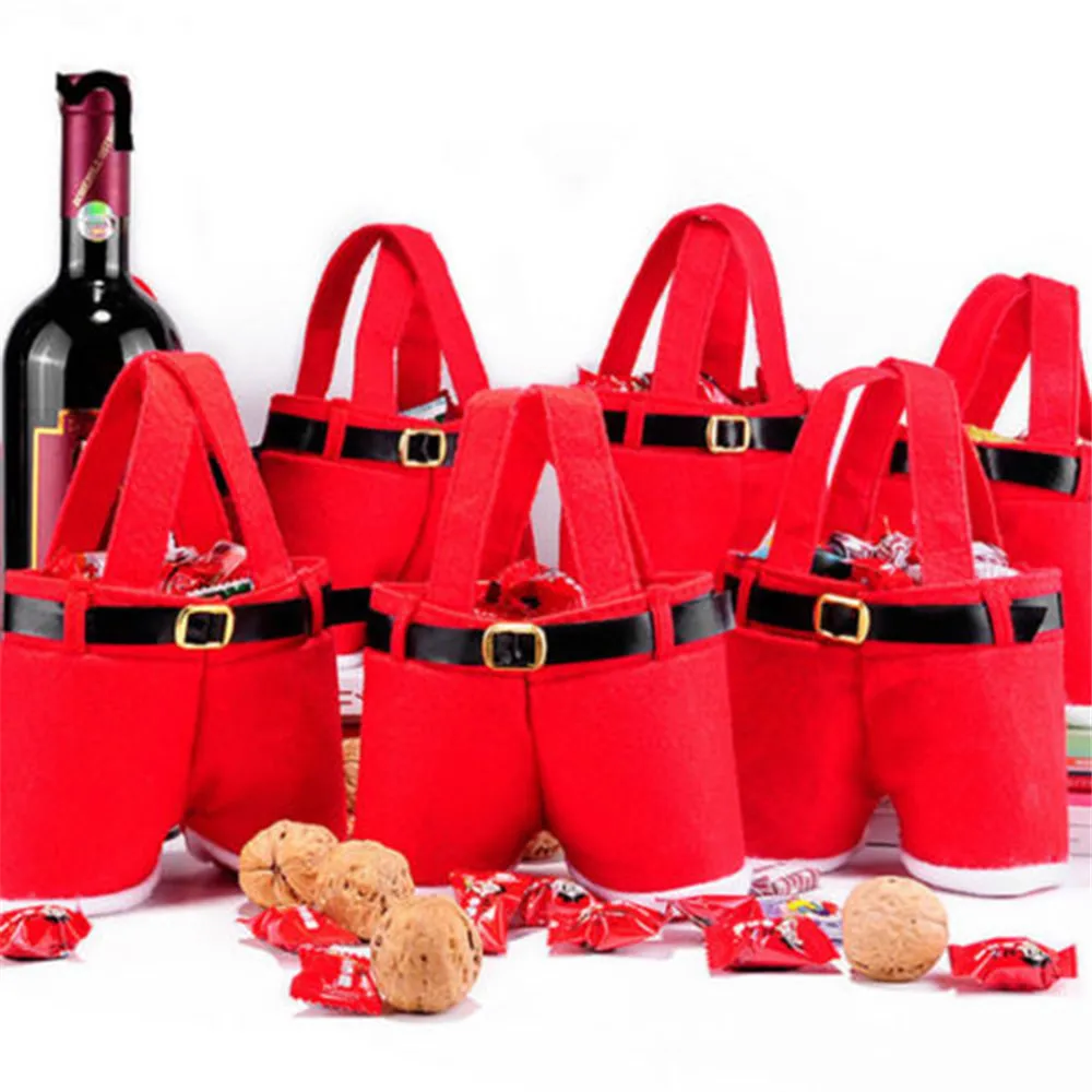 1 PC 2Size Christmas Buckram Santa Pants Large Handbag Candy Wine Gift Bag Xmas Decor Cheer Gift Treat Candy Wine Bottle Holder