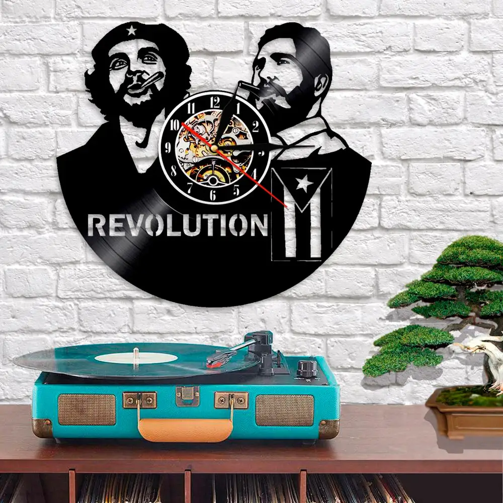 Fidel Castro Che Guevara Cuban Vinyl Record Wall Clock Havana Cuba Revolution Wall Clock Watch Decor Viva Cuba Libre Cuban Flag