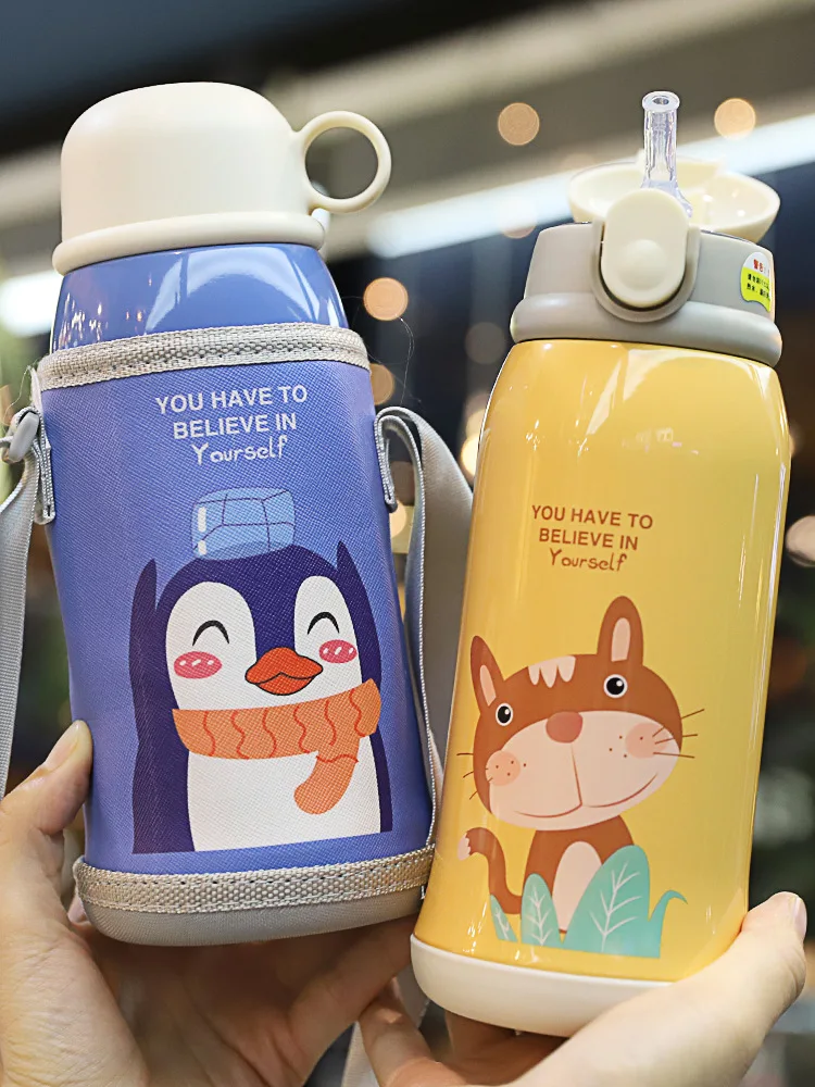 Children's Thermos Mug Large Capacity Baby New Suction Cup Water Cup Stainless Steel Strap Kettle Water Bottle Insulated Cup