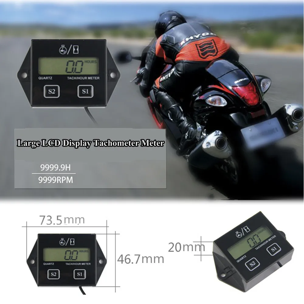 Waterproof Digital Tachometer Hour Meter Motorcycle Engine Tach Hour Meter Durable for 2/4 Stoke Gasoline Engine