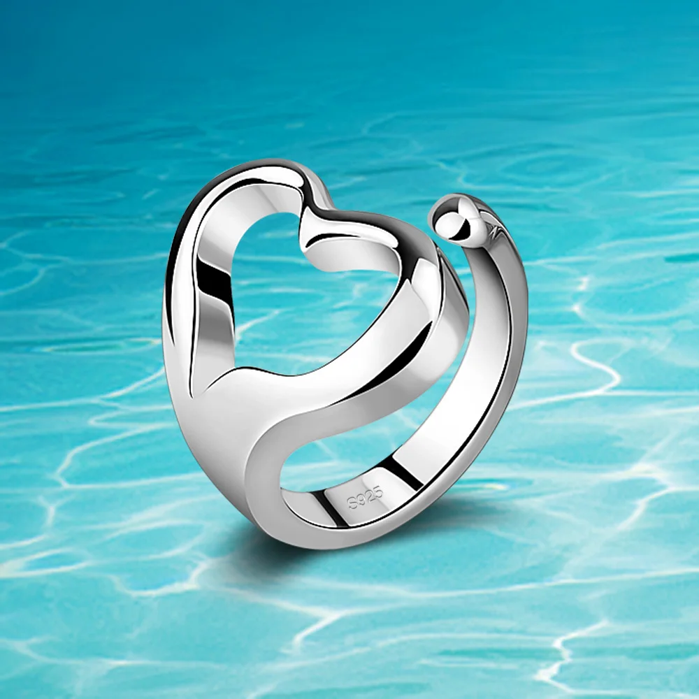 New Trend 925 Sterling Silver Heart Ring for Women Simple Curve Hollow O Shape Adjustable Rings For Women Party Jewelry