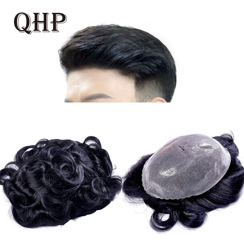 

QHP Men Toupee Capillary Prosthesis 100% Human Hair Replacement Systems Indian Hairpieces Men's Wigs 0.12-0.14mm Thickness Pu