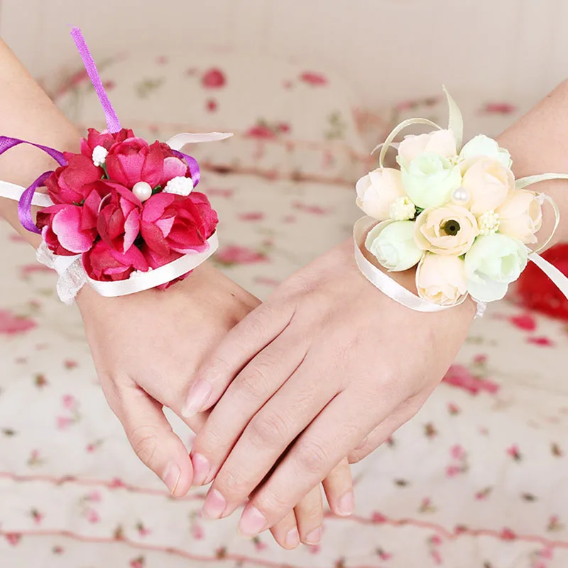 

Wedding Bride Wrist Flower Adjustable Ribbon Rose Bridesmaid Floral Hand Wrist Bracelets Corsage Party Ceremony 100pcs