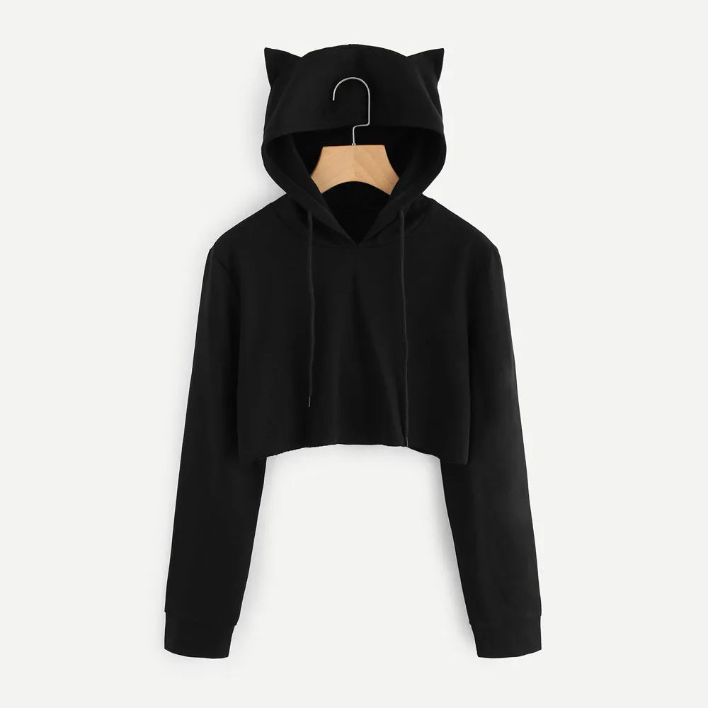 Cute girl Spring Sweatshirts Hoodie Crop Tops Solid Cat Ear Long Sleeve Cropped Sweatshirt Hooded Pullover пуловер