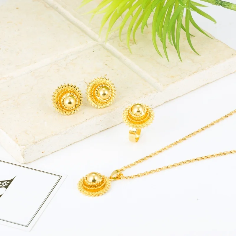 Ethiopian Necklace Earrings Ring Set African Bridal Jewellery sets Habesha Eritrea Wedding Small Jewelry set Dubai Jewelry