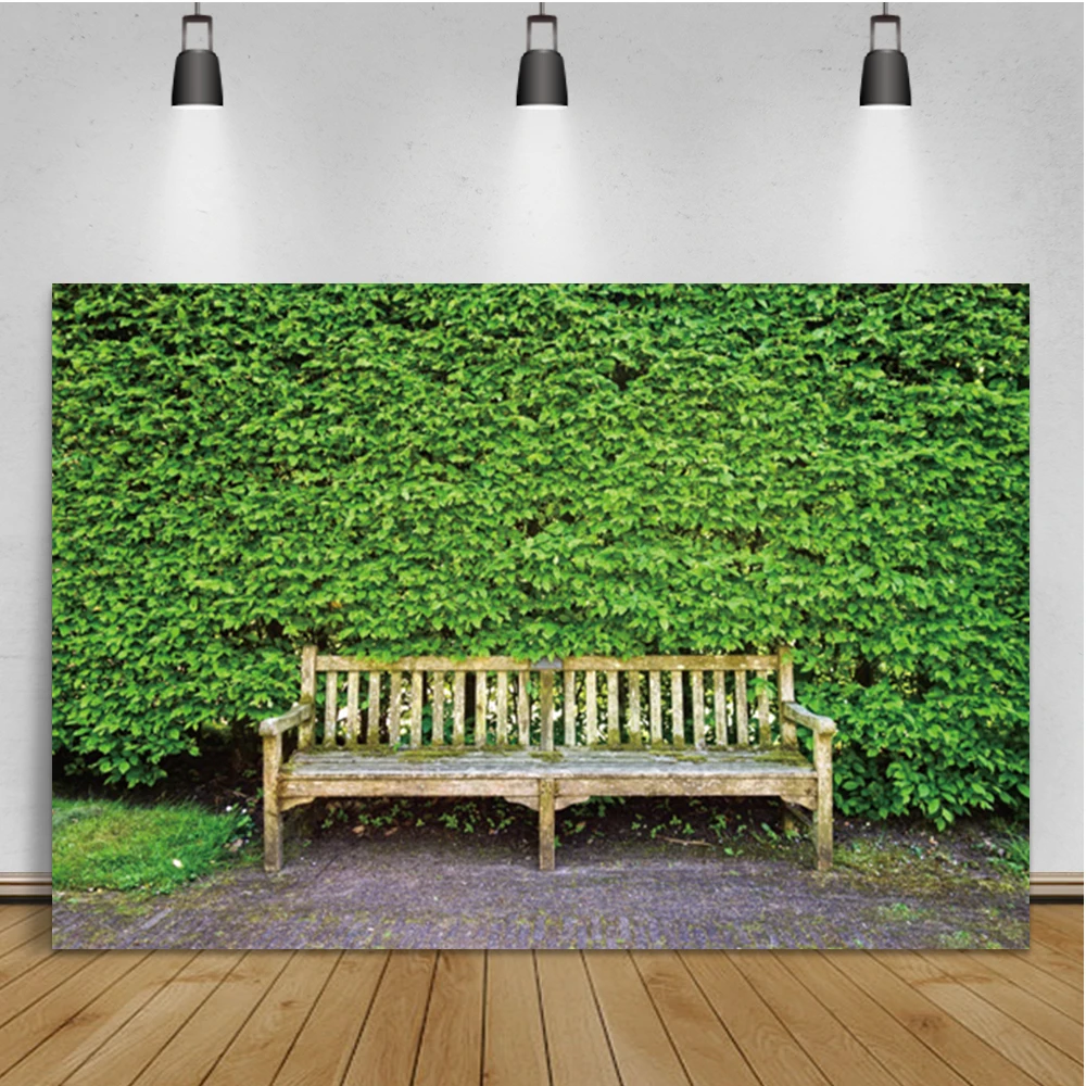 Laeacco Green Plant Leaves Wall Vintage Bench Birthday Portrait Room Decor Backdrop Photographic Photo Background