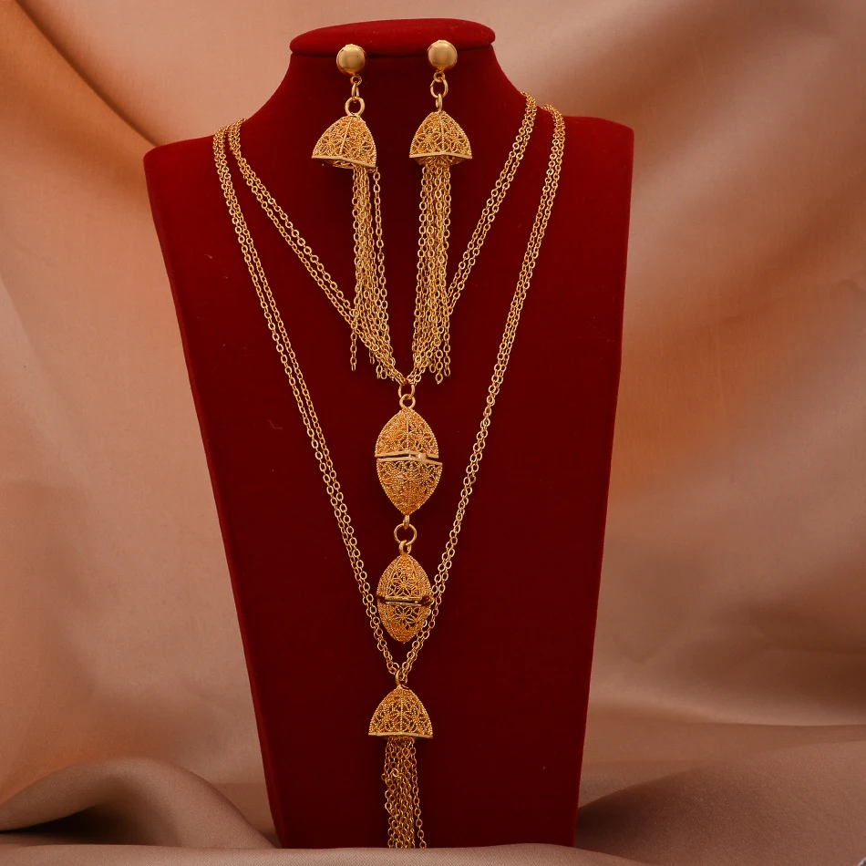 

24K Dubai Gold Color Jewelry Sets For Women African India Party Wedding Necklace Pendant Earrings Jewellery Set Engagement Gifts