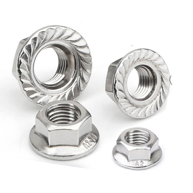 100PCS/LOT 304 Stainless Steel Hexagon Flange Nut Pinking Slip Locking Lock Nut M3 M4 M5 M6 M8 DIN6923