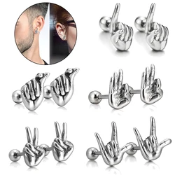2PCS Stainless Steel K Pop Heart Love Hand Sign Gesture Stud Earrings Body Screw Back Stud Earrings Helix Piercing Jewelry 16G