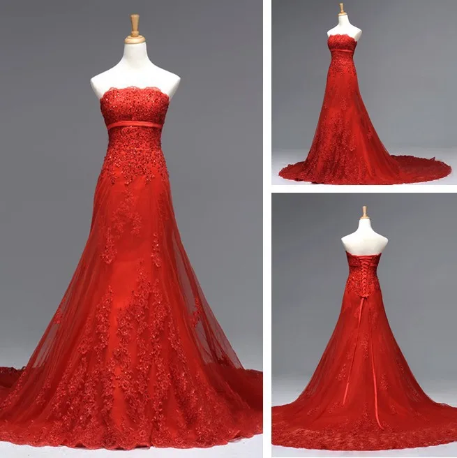 Gaun pernikahan Formal tanpa tali 2025 seksi merah panjang berenda applique a-line manik-manik pesta elegan vestido de noiva buatan kustom