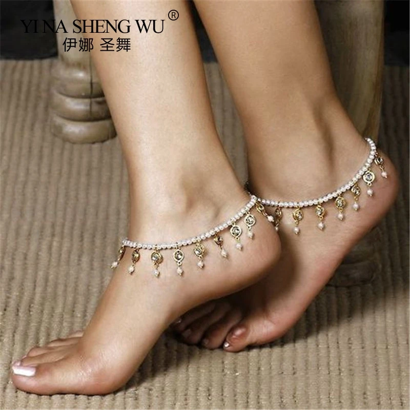 Bohemian Imitation Pearl Belly Dance Anklet Women's Beaded Elastic Anklet Accessories Barefoot Sandals 1PC Anklet Jewelry Gift