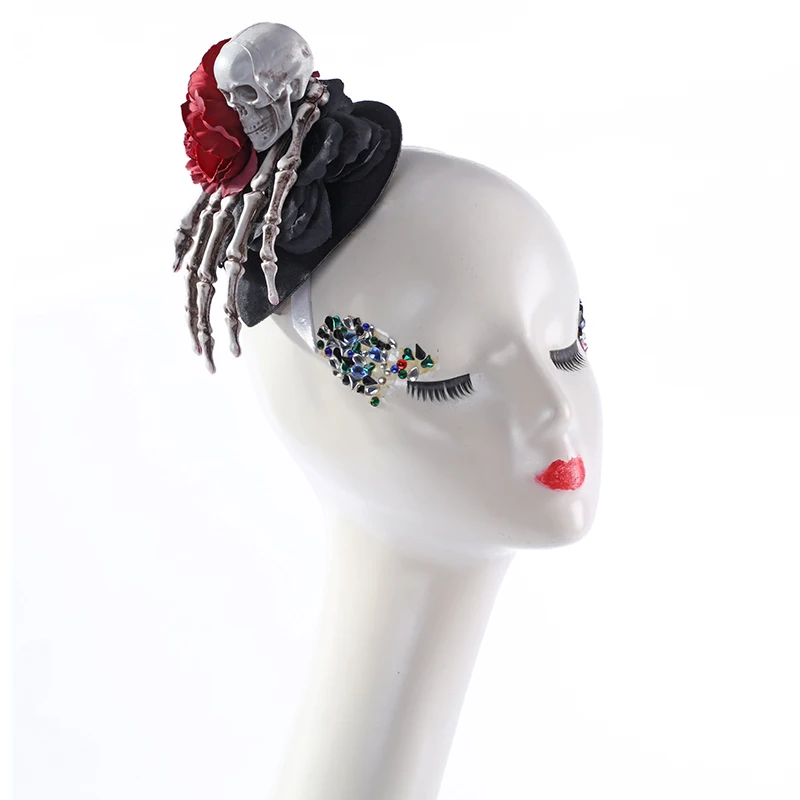 Anime chapéu steam punk mini chapéu superior com esqueleto mão acessórios para o cabelo anime cosplay feminino grampos de cabelo com flores chapéu preto