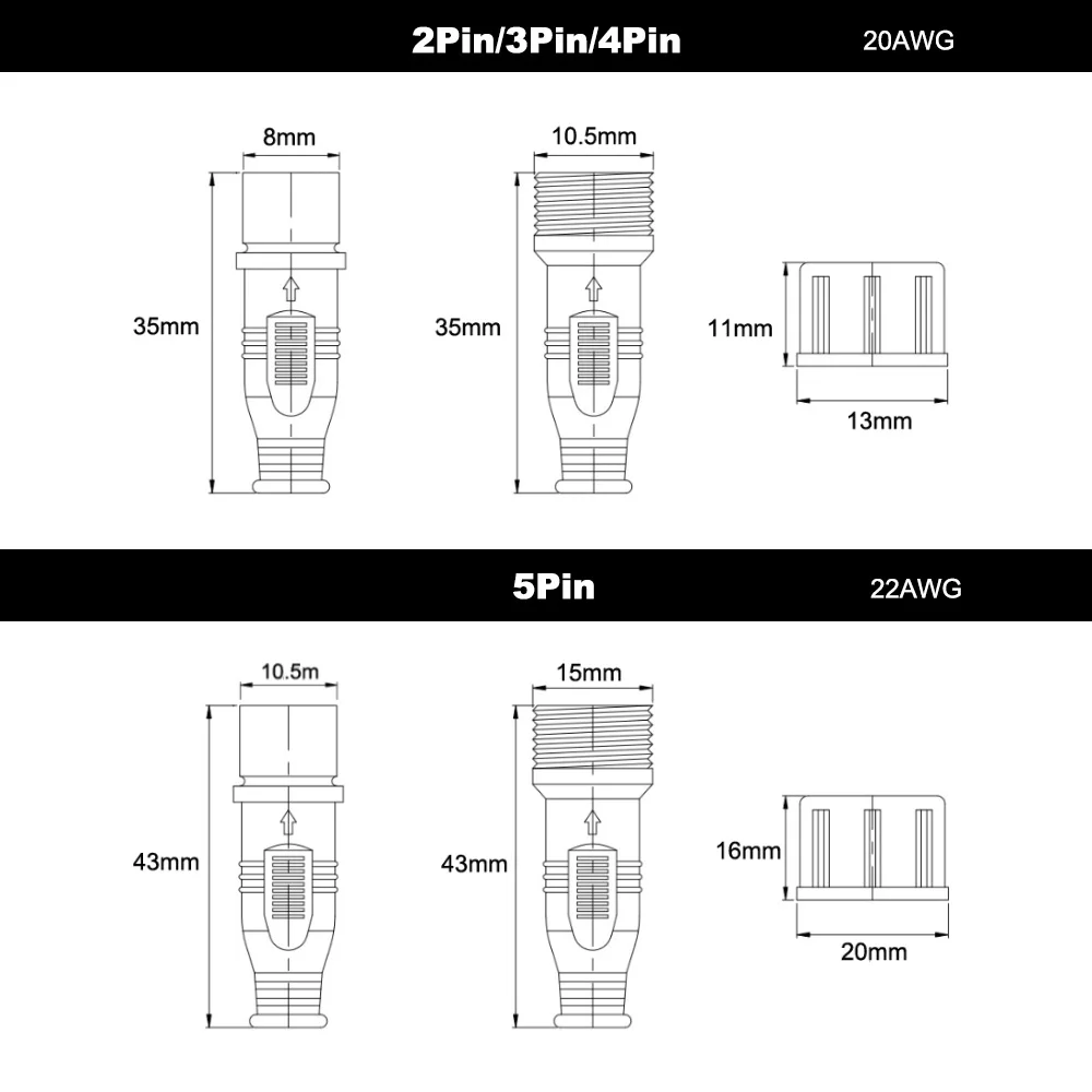 2Pin 3Pin 4Pin 5Pin 5~50Pairs Male to Female Led Connector Waterproof IP68 Black Cable For LED Light Strips