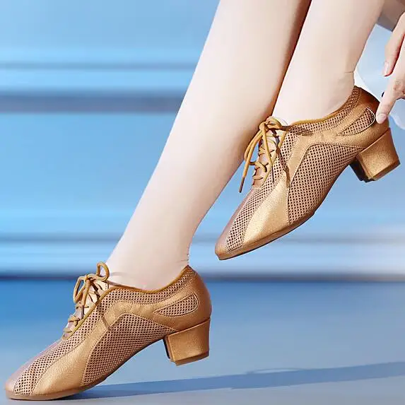 

Latin Professional Dance Shoes Mid 3.5cm Heel Soft bottom Indoor Summer Women Mesh Stage Gold