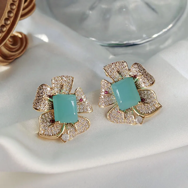 Retro Gold Flower With greenish-blue colour Stone Stud Earrings lake blue Square Women Gift For Female  Jewelry special Design