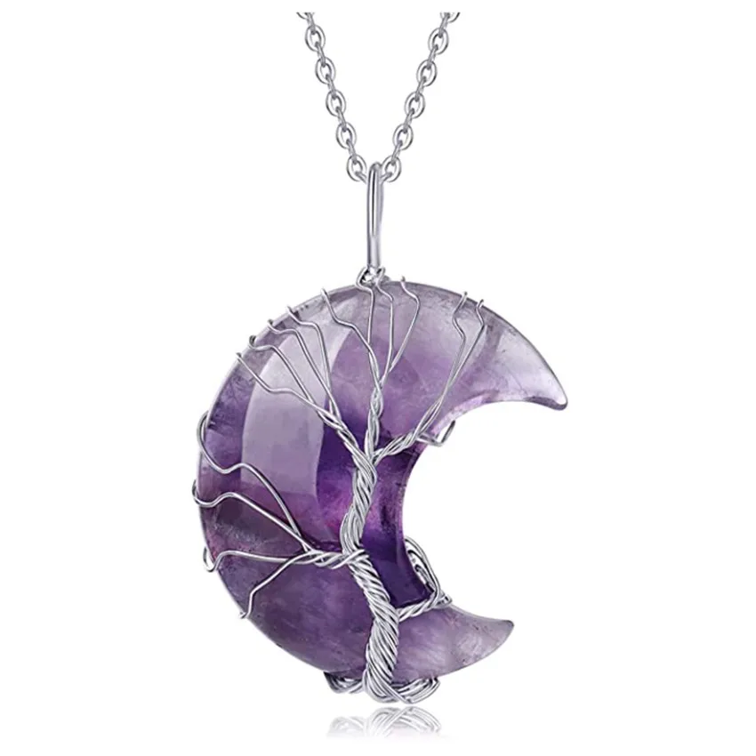 

FYJS Unique Silver Plated Wire Wrap Crescent Moon Amethysts Stone Pendant Link Chain Necklace Black Agates Jewelry