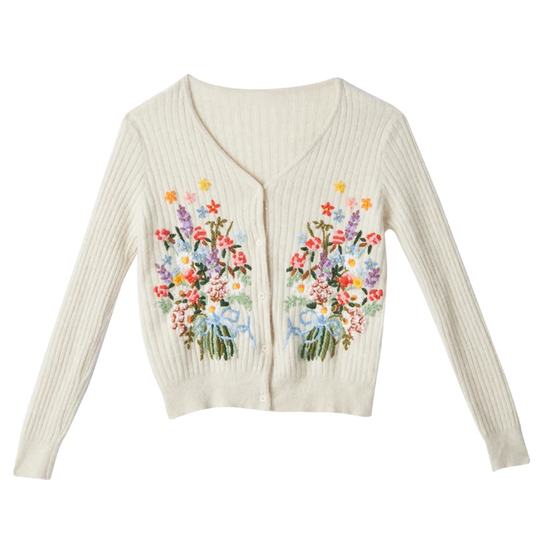 Cardigans Fall Winter Women Sweater Mori Girl Elegant Slim Handmade Embroidery Flowers Rabbit Hair Wool Knitted Cardigan Sweater