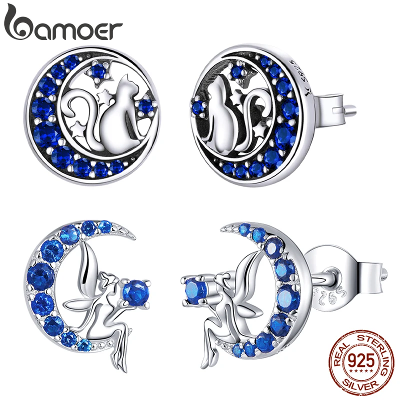 Bamoer Genuine 925 Sterling Silver Blue Zircon Crescent Moon Stud Earrings Cat on the Moon Fairy Ear Pins for Women SCE880