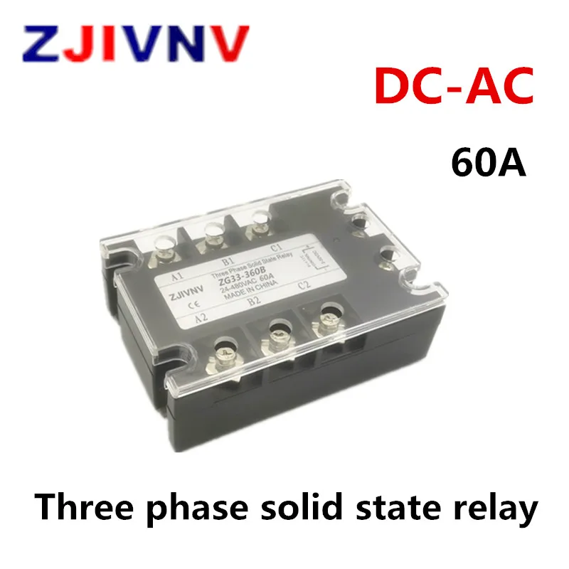 

ZJIVNV ssr relay module with Plastic Cover DC-AC 60A SSR 3-32vdc To 90~480vac 3 Phase Solid State Relay DC Control AC ZG33-360B