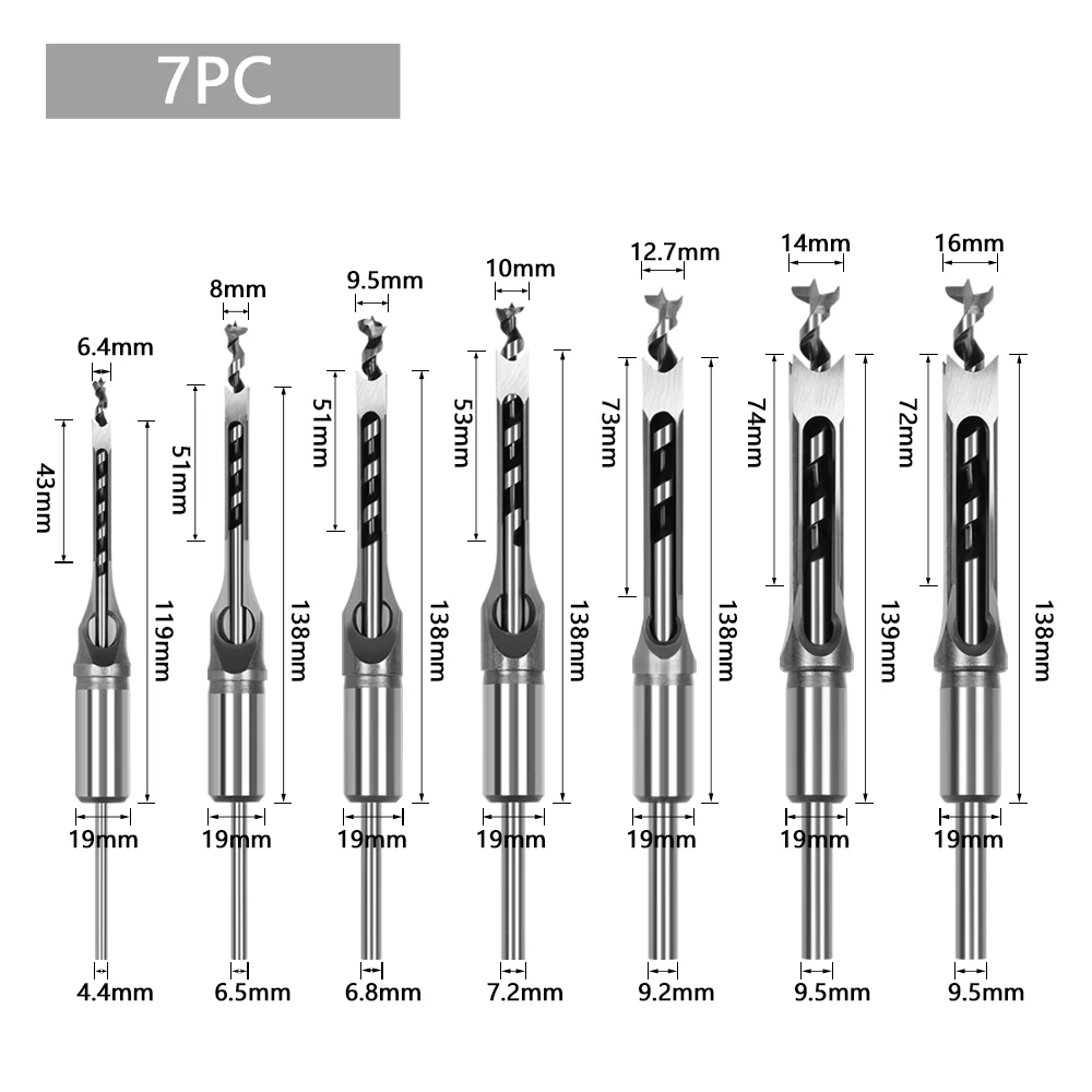 6PCS HSS Twist Drill Bits Square Auger Mortising Chisel Drill Set Square Hole Woodworking Drill Tools Kit Set Extended Saw