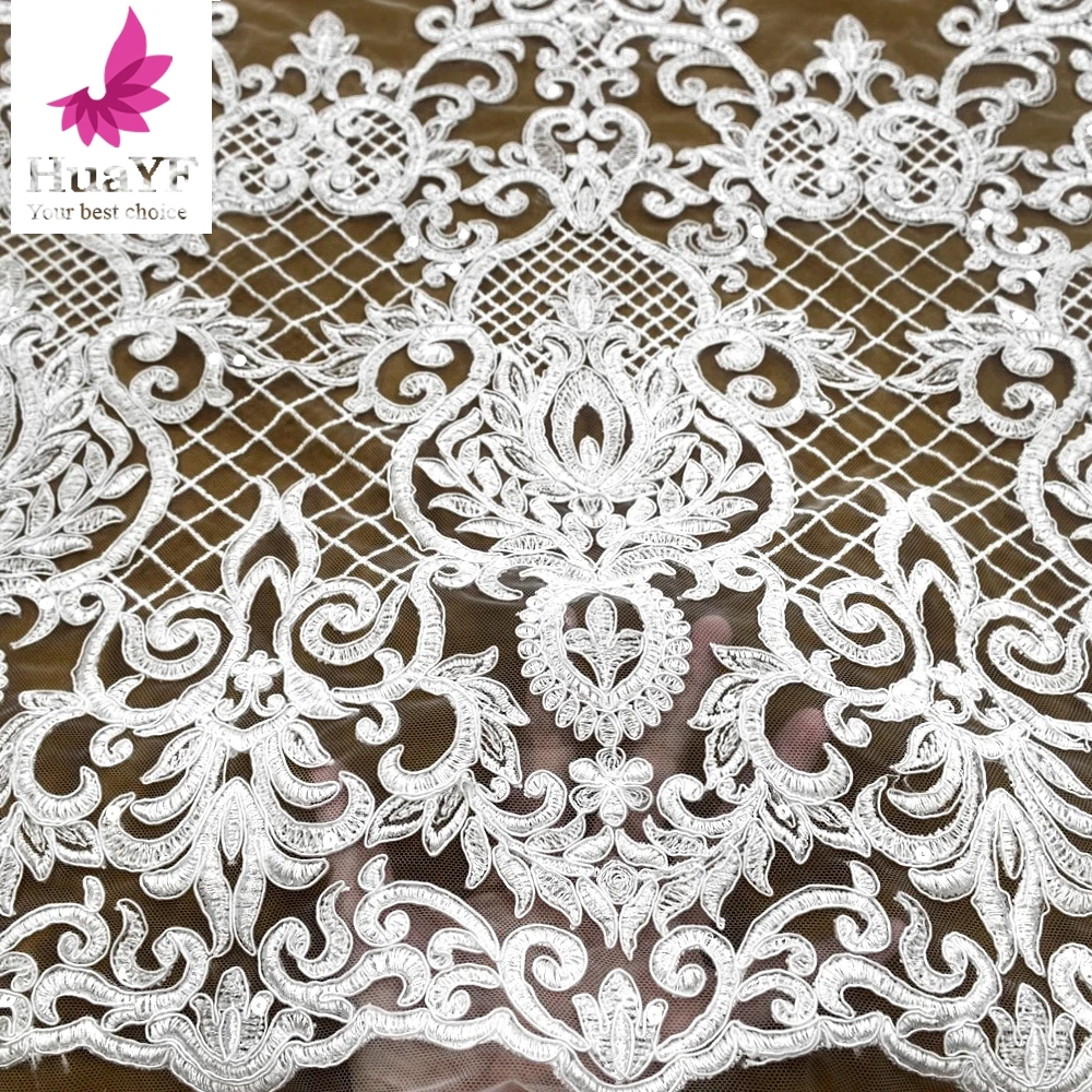 2021 Pure White Bridal Lace Net Embroidery Fabrics With Sequins For Wedding Dress  HY1399