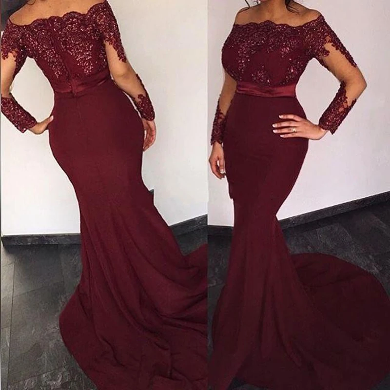 Off Shoulder Burgundy Bridesmaid Dresses with Long Sleeve Mermaid Long Maid of Honor Cheap Party Gowns