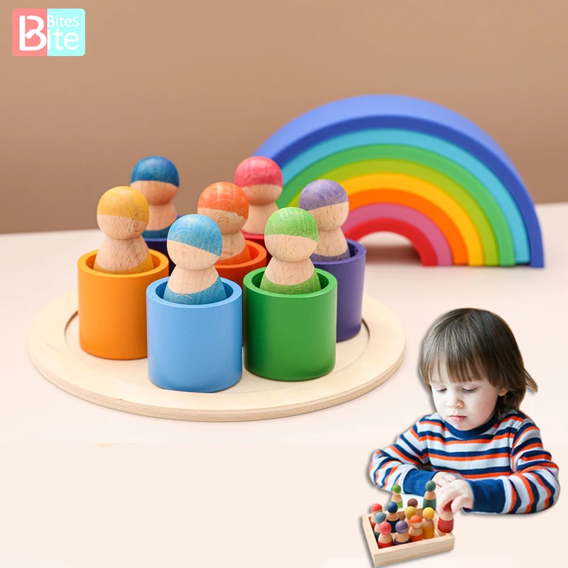 Montessori Toys 12 Colors/Set Wooden Rainbow Building Block Villain Doll DIY Creative Stacking Balance Game Toy For Kids Gift