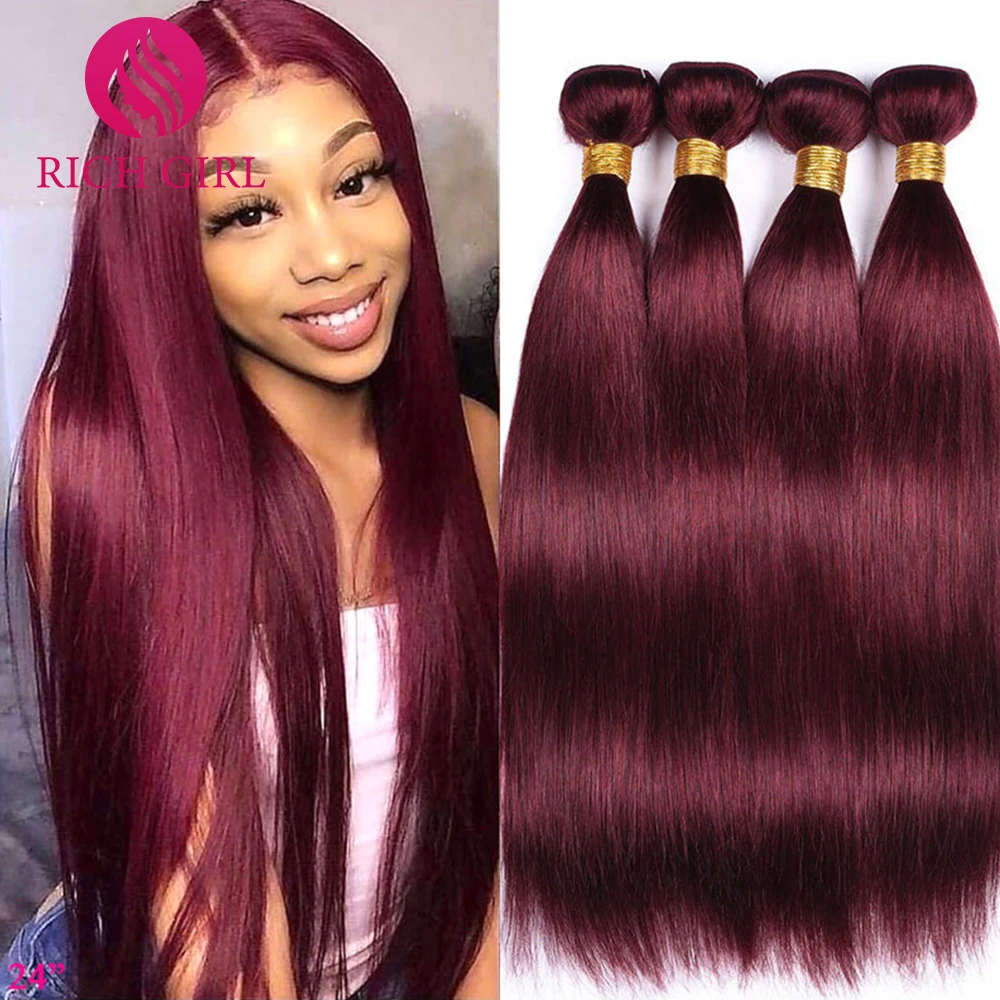 Brazilian Straight Hair Weave Bundles 30 Inch Human Hair Extensions Color 1B/99J/Burgundy Ombre Bundles Richgirl 100% Human Hair