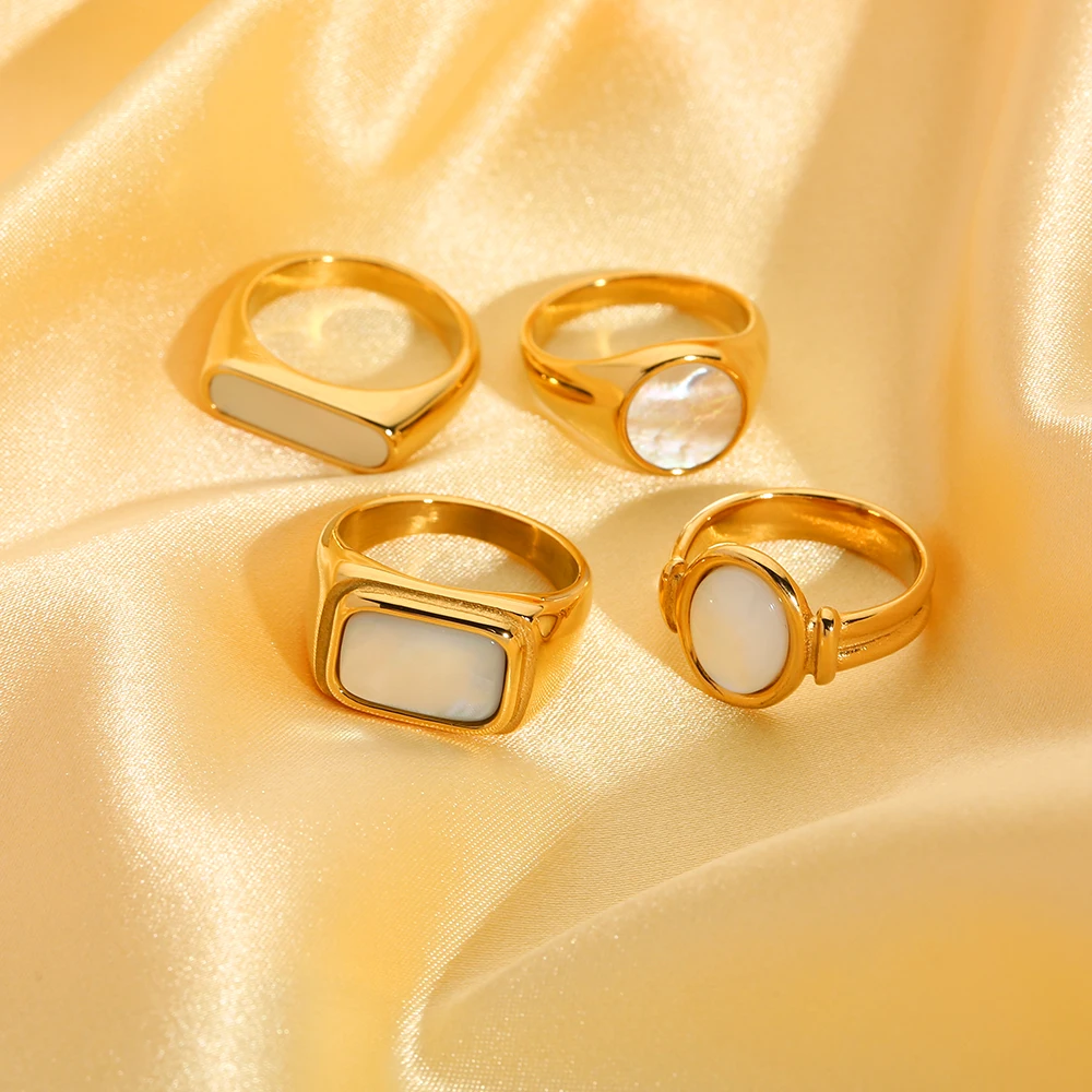 Trendy 18K Gold Plated Stainless Steel Natural Shell Block Rings for Women Square Ring Waterproof Jewelry Bijoux Femme Gift image 3
