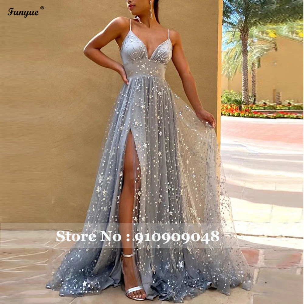 Vestidos para graduación con lentejuelas plateados brillantes para mujer, tirantes finos para fiesta, cuello en V, Espalda descubierta, Sexy, línea A, vestidos de noche largos