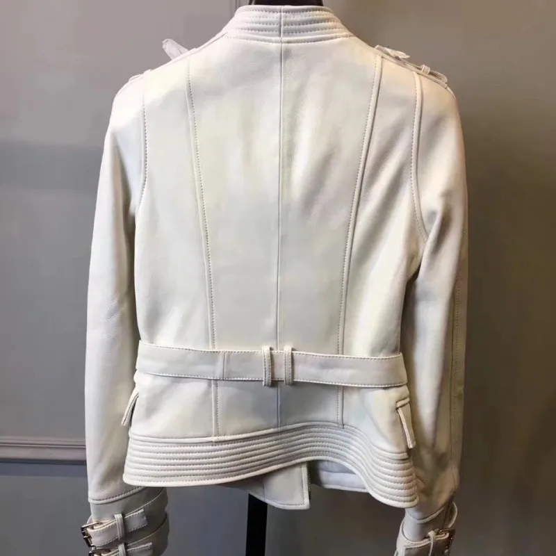 Moto Biker V-Ausschnitt Echt leder Schärpen Frauen Jacken Slim Fit Reiß verschluss fliegen Schaffell Streetwear plus Größe Mode kurze Mäntel