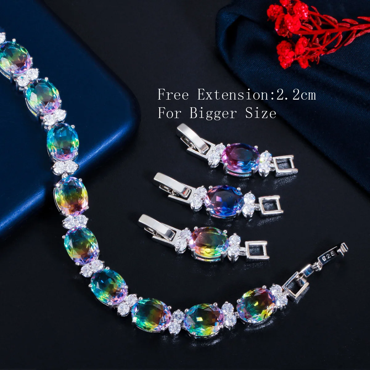 CWWZircons Elegant Big Oval Blue Rainbow Fire Cubic Zirconia Stone Tennis Bracelets for Women Party Wedding Jewelry Gift CB247