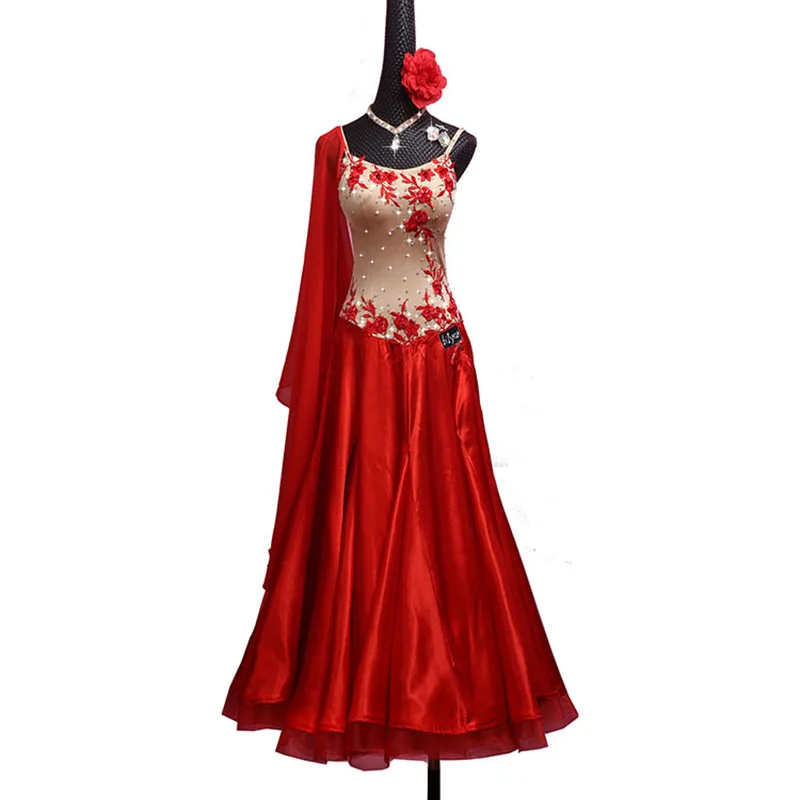 Ballroom Dance Dress Standard Skirt Competition Dress Costumes Performing Dress Customize Adult Children Red Embroidered Skirtes