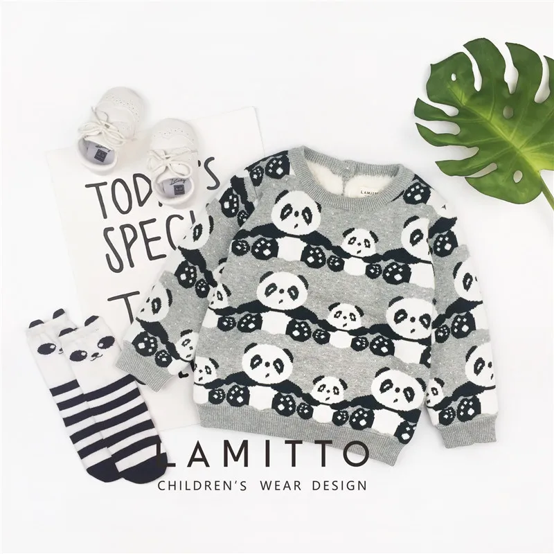 Tonytaobaby New Winter Style Baby Panda Jacquard Plush Knitted Sweater Top