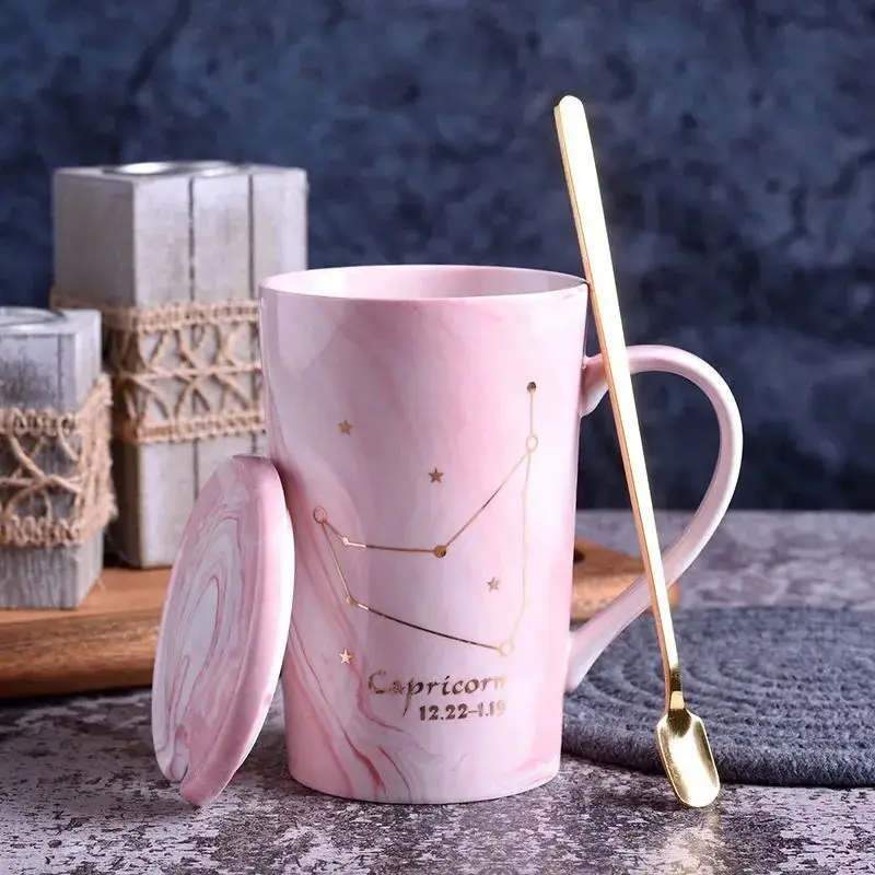 With Gift Box 12 Constellations Creative Ceramics Mugs with Spoon Lid White Porcelain Zodiac Milk Coffee Cup 400ML Water 1 set