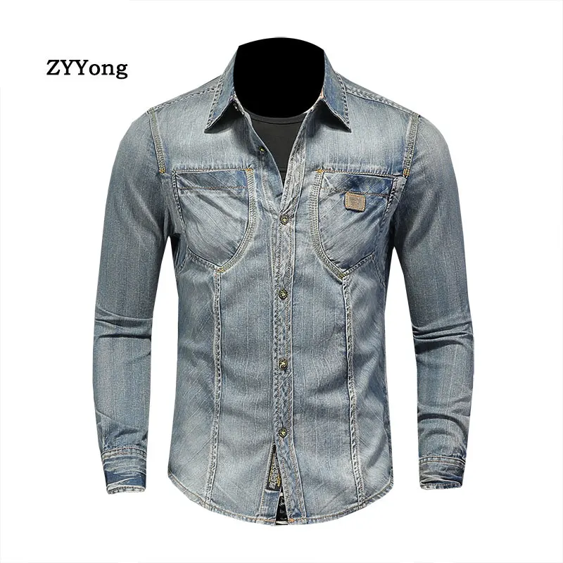 ZYYong New Fashion Lapel Long Sleeve Men's Denim Shirt Retro Slim Blue Motorcycle Style Men's Shirt Men's Long Sleeve Thin Coat