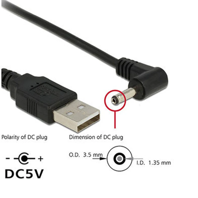 Black Elbow 90 USB Male to Male DC Power Cable DC 5.5*2.5mm 3.5*1.35mm Charging cable 5.5*2.1mm USB Extension Cable 0.8M