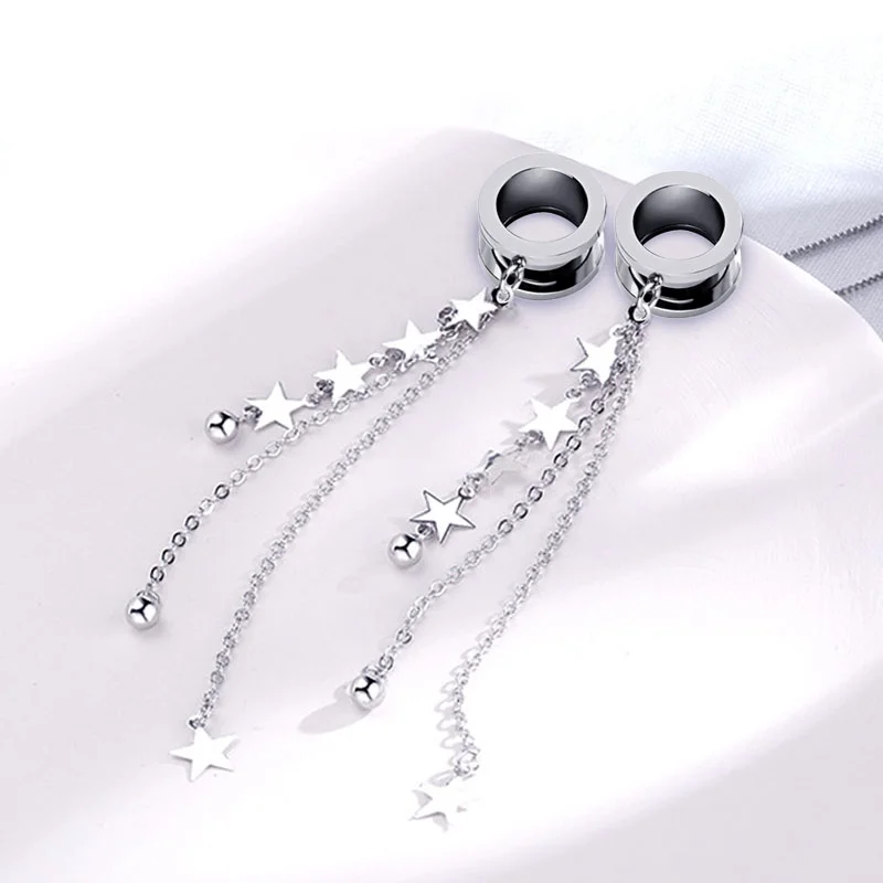 2 PCS Stainless Steel Ear Plugs Tunnels Stars Dangle Chain Ear Gauges Flesh Body Piercing Ear Expansions Ear Reamer 4-25mm