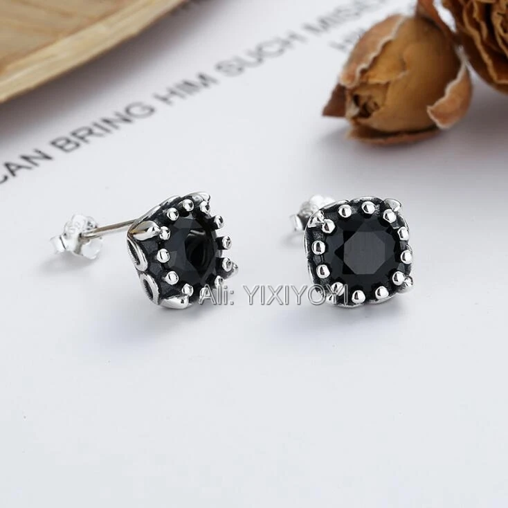 

YIXIYOYI 925 Sterling Silver Square Black Gem Inlay Stud Ear Earring Retro Vintage Thai Silver Earrings Charm Gift Jewelry