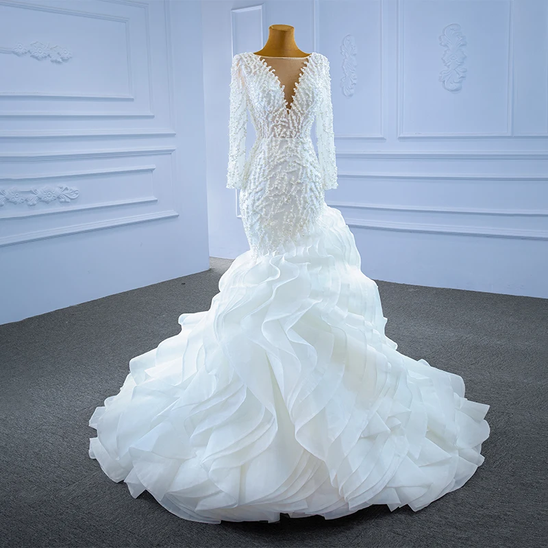 RSM67269-vestido De Novia De encaje con perlas blancas, novedad De 2021, vestido De Novia con cuello en V y volantes, manga larga, ajustado, Trajes De Novia 2021