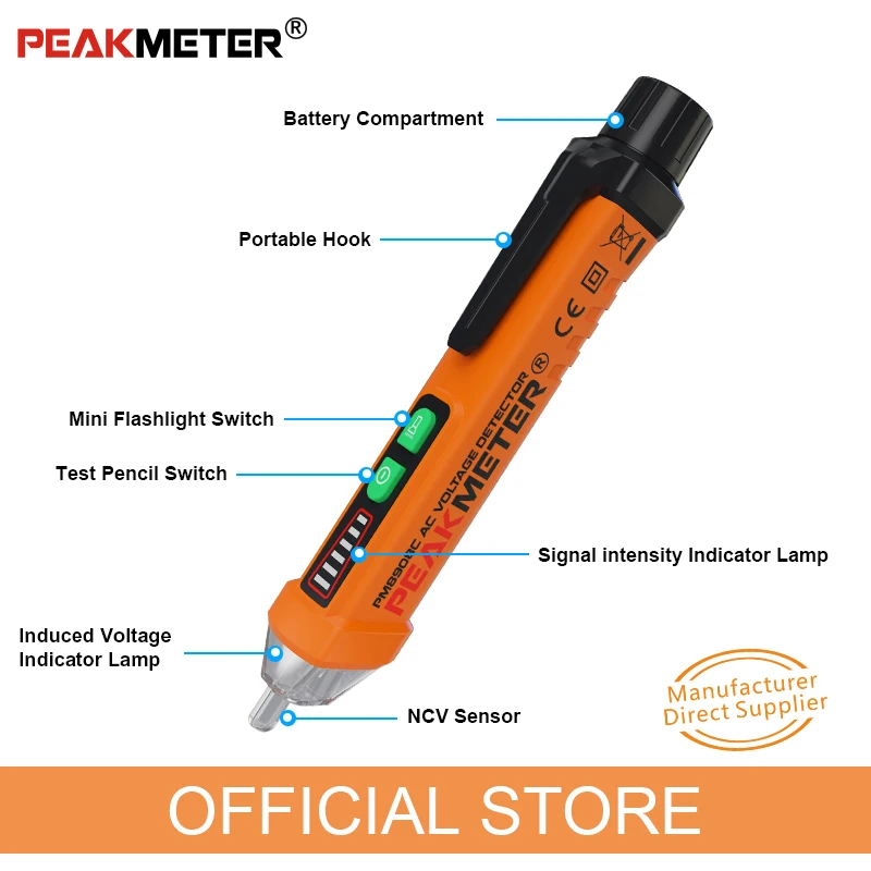 PEAKMETER PM8908Cเครื่องตรวจจับแรงดันไฟฟ้าแบบไม่สัมผัสAC 12V-1000Vประเภทปากกาเครื่องตรวจจับแรงดันไฟฟ้าNCV Test...