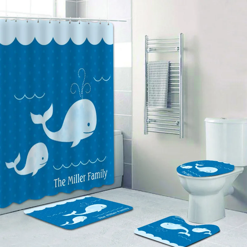 Cute Whale Family Shower Curtain Set Personalized Blue Dots Cartoon Underwater Bath Curtains for Kid Couple Mats Rugs Home Decor