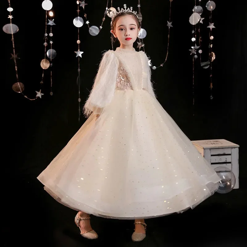 

Champagne Girl Clothing Girls Long Sleeve Sequin Dress Formal Costume Flower Girl Princess Party Formal Gown for Wedding Clothes