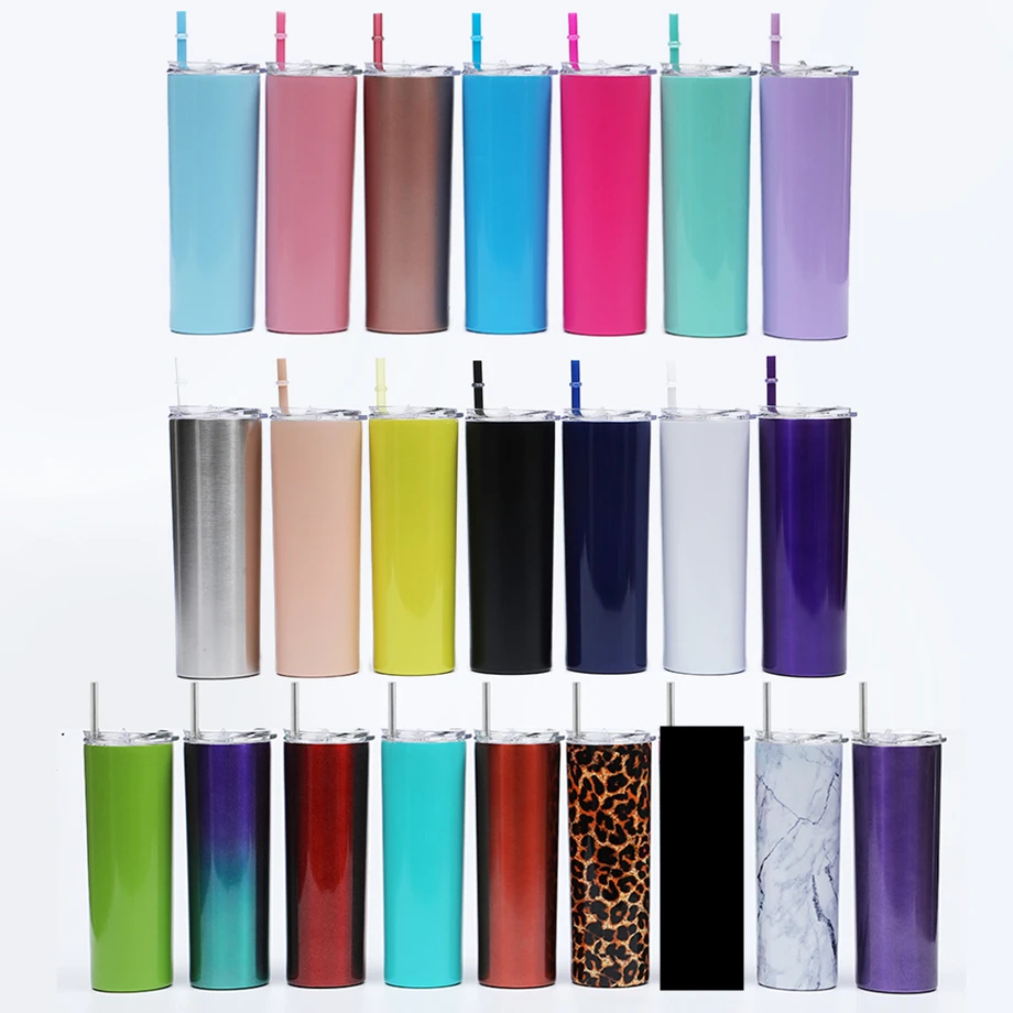 

100pcs/Lot 20oz 600ml Mug Skinny Glittering Sublimation Tumbler 304 Stainless Steel 2-Wall Vacuum Insulated Slim Cup PP Straw