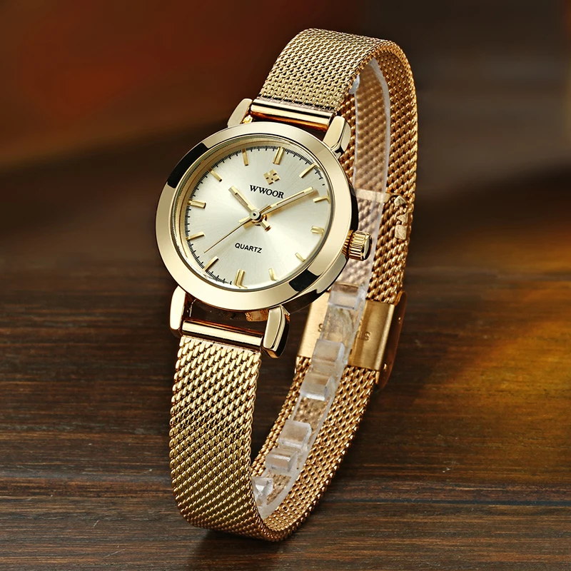 WWOOR Ladies Watches 2024 Top Brand Luxury Stainless Steel Mesh Band Gold Dress Watch Women Fashion Small Wristwatch Reloj Mujer